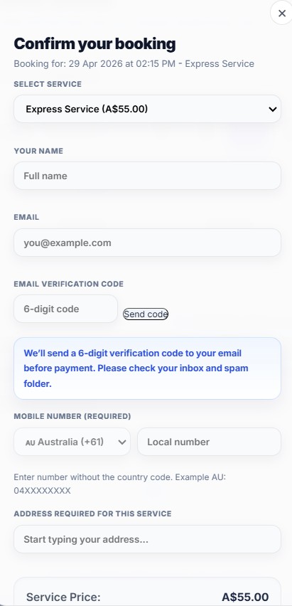 Customer booking screen showing time selection and secure payment through SoloPayLink