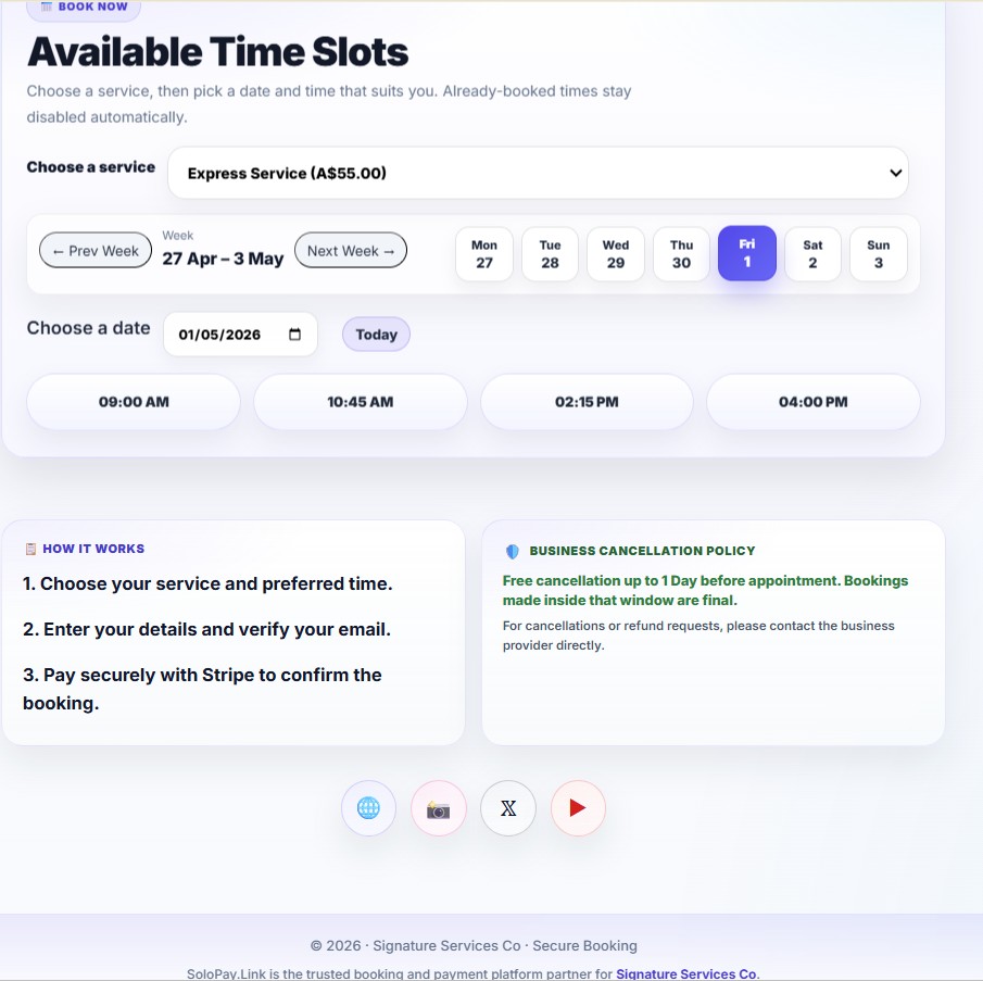 SoloPayLink secure booking and payment preview