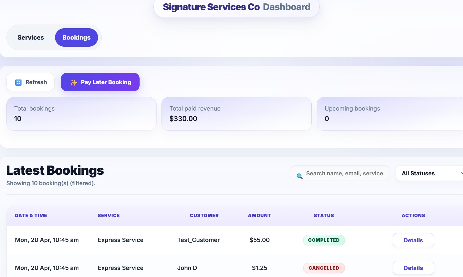 SoloPayLink owner dashboard showing live booking link, services, bookings and connected payment tools