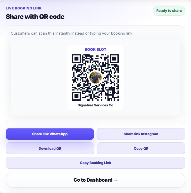 SoloPayLink booking QR code and public booking link ready to share with customers