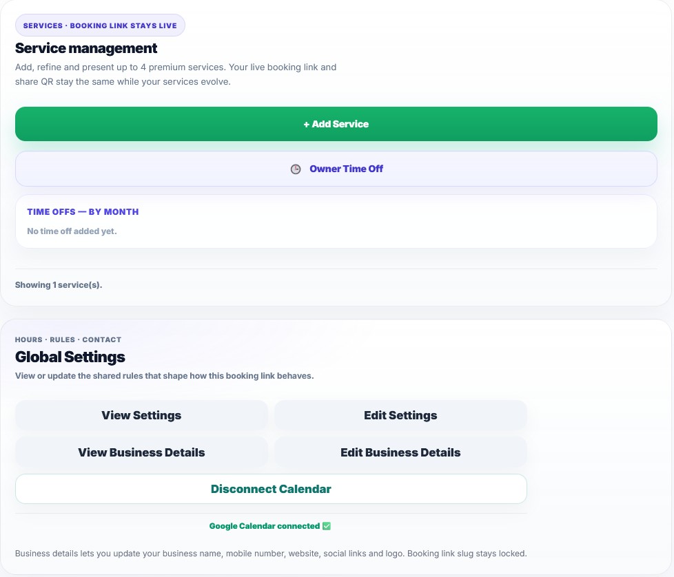 SoloPayLink owner dashboard services tab showing available services and booking options