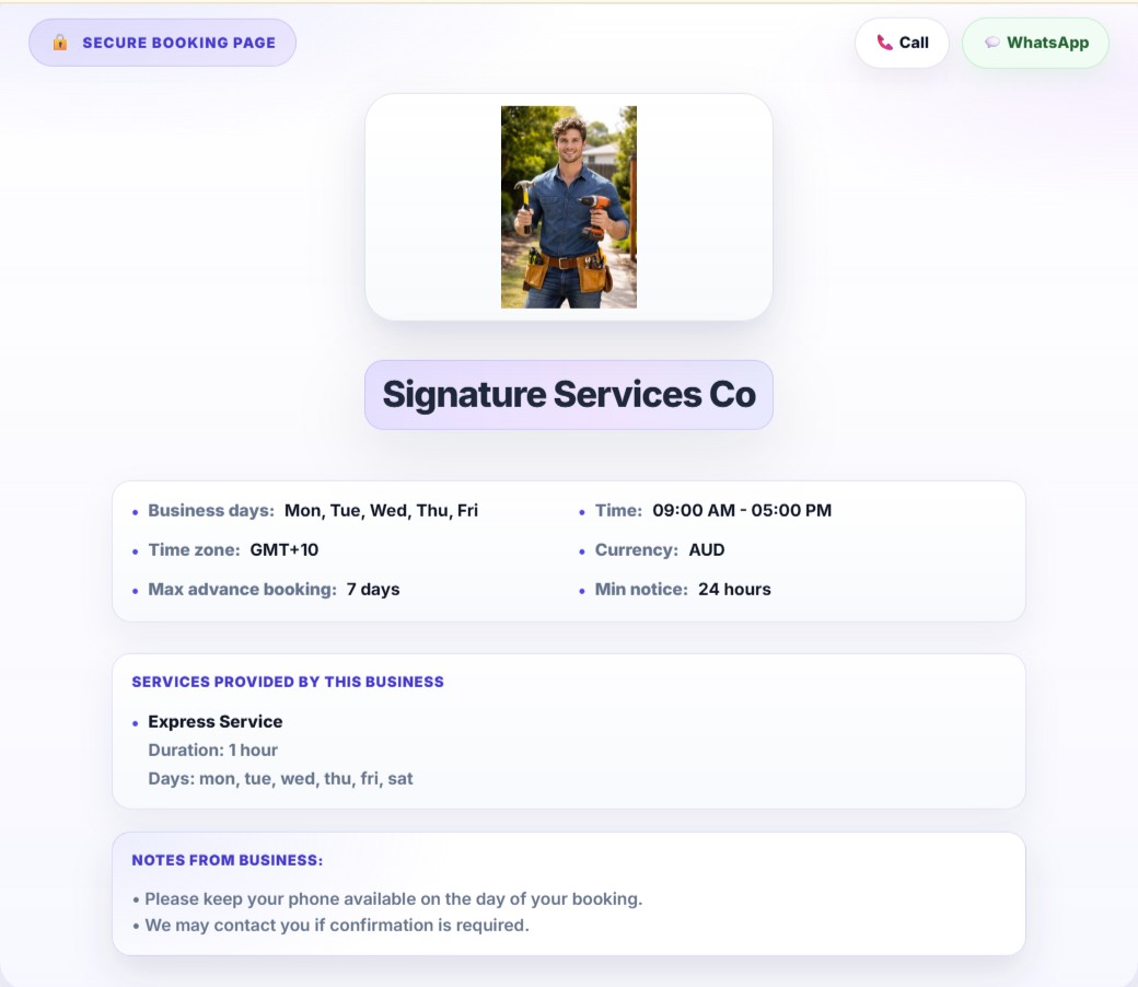 SoloPayLink setup screen where a solo business owner creates a public booking link